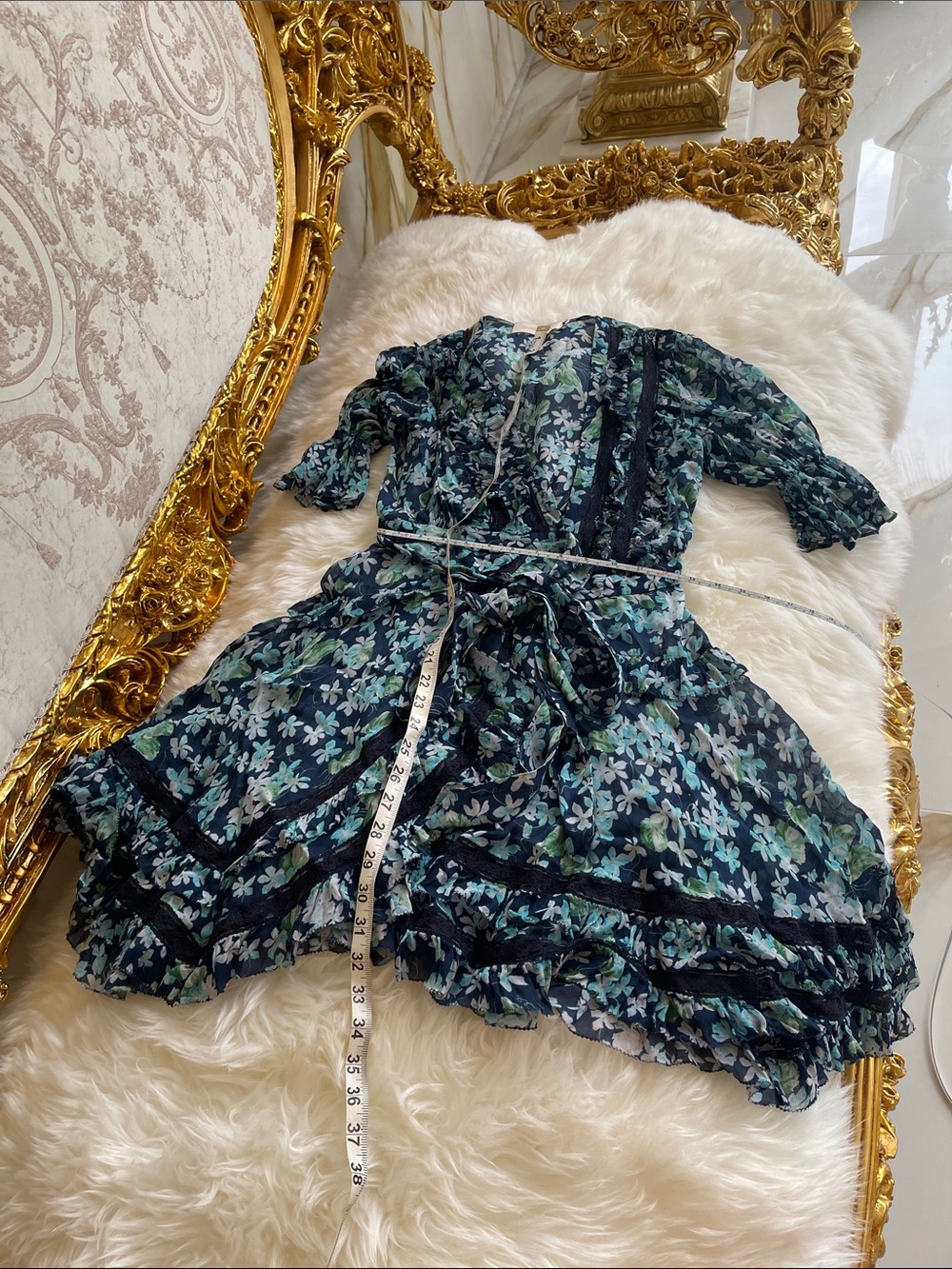 Zimmermann Navy & Teal Floral Ruffle Wrap Dress